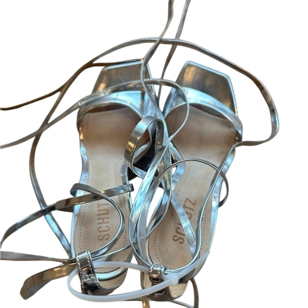 NEW Schutz Bryce Metallic Silver Heels | Ankle Wrap Strappy Sandals | Size 9.5 - Picture 3 of 13